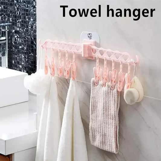 Cloth Hanger Adhesive Multi-Function Hanger With 10 Clip Wall Mounted Foldable Drying Racks