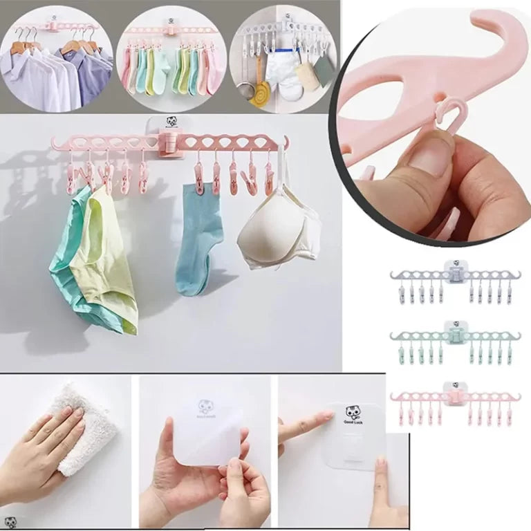 Cloth Hanger Adhesive Multi-Function Hanger With 10 Clip Wall Mounted Foldable Drying Racks