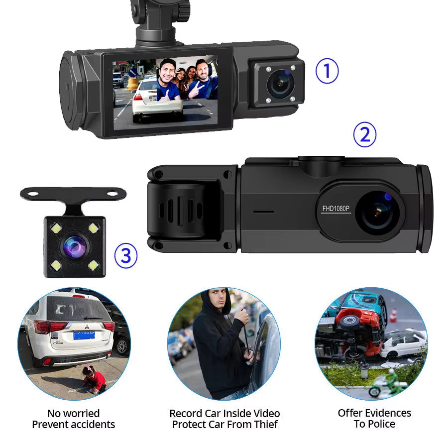 Three Lens Night Vision Car Dash Cam with DVR